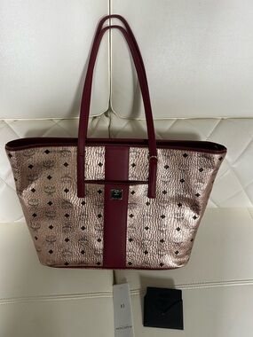 MCM Metallic Rose Tote with Burgundy Trim and Handles